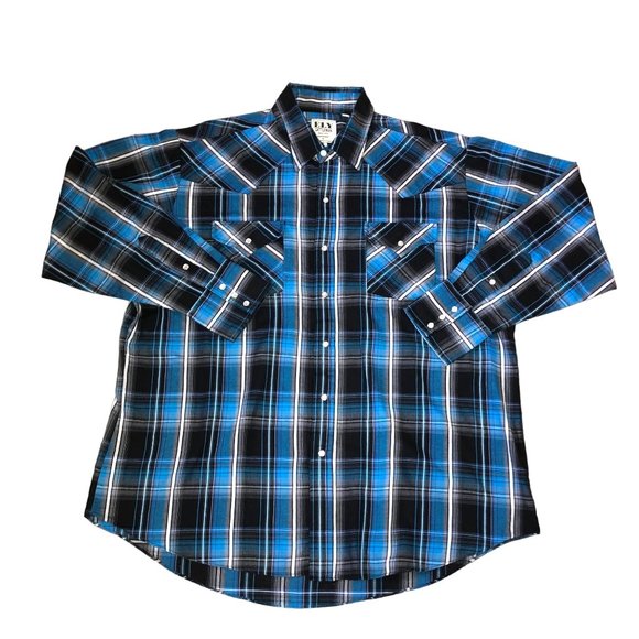 ELY CATTLEMAN PEARL SNAP SHIRT SIZE XL ROCKABILLY BOHO COWBOY BLUE PLAID MENS - Picture 1 of 5